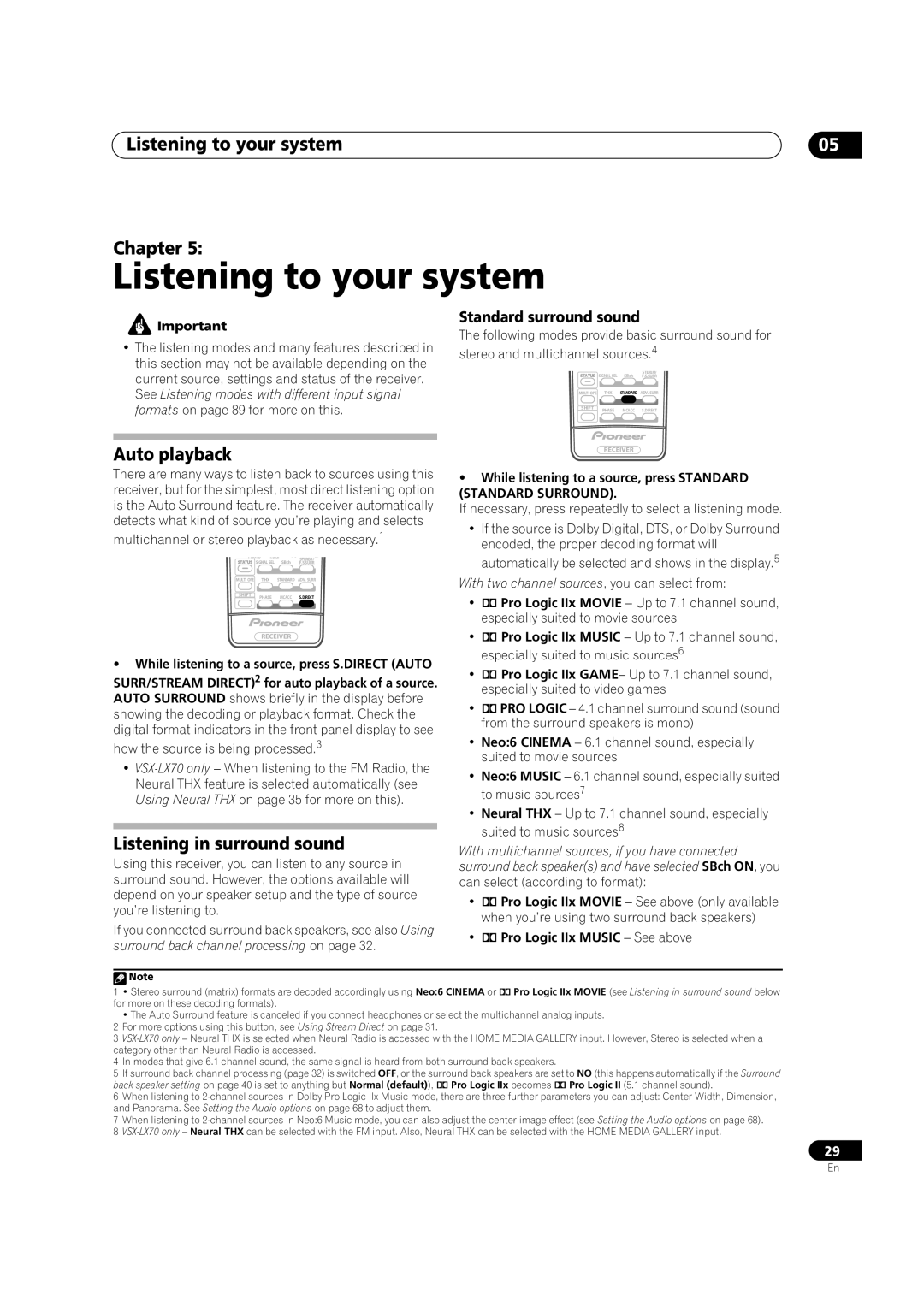 Pioneer VSX-LX70 Listening to your system Chapter, Auto playback, Listening in surround sound, Standard surround sound 