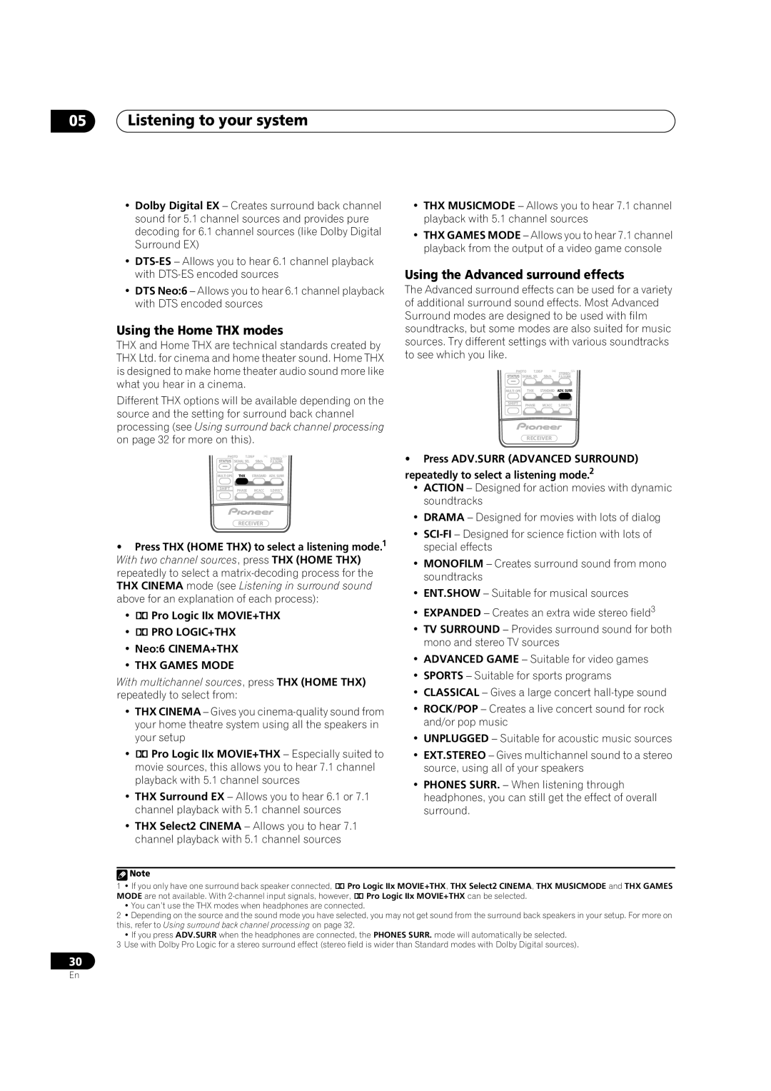 Pioneer VSX-LX70 Listening to your system, Using the Home THX modes, Using the Advanced surround effects, Pro Logic+Thx 