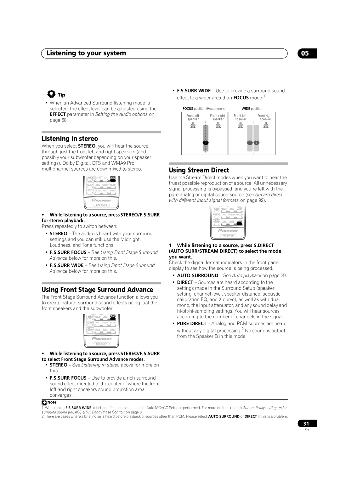 Pioneer VSX-LX70 manual Listening in stereo, Using Front Stage Surround Advance, Using Stream Direct, Tip 