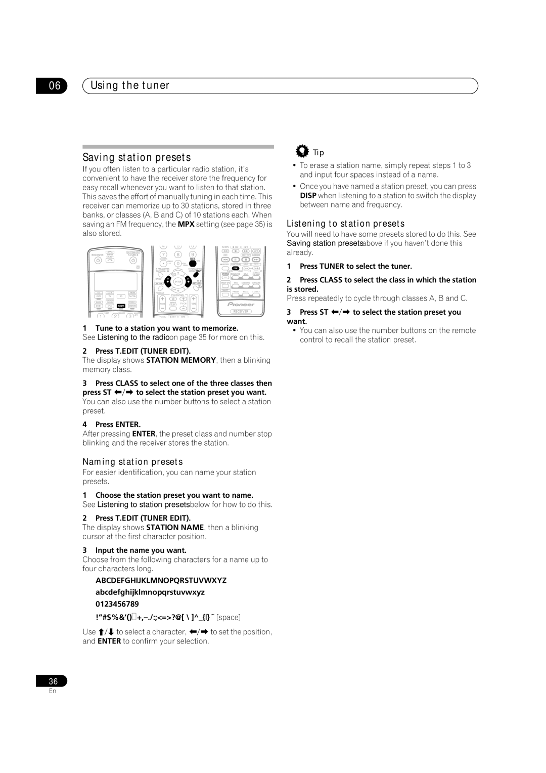 Pioneer VSX-LX70 manual Using the tuner Saving station presets, Naming station presets, Listening to station presets 