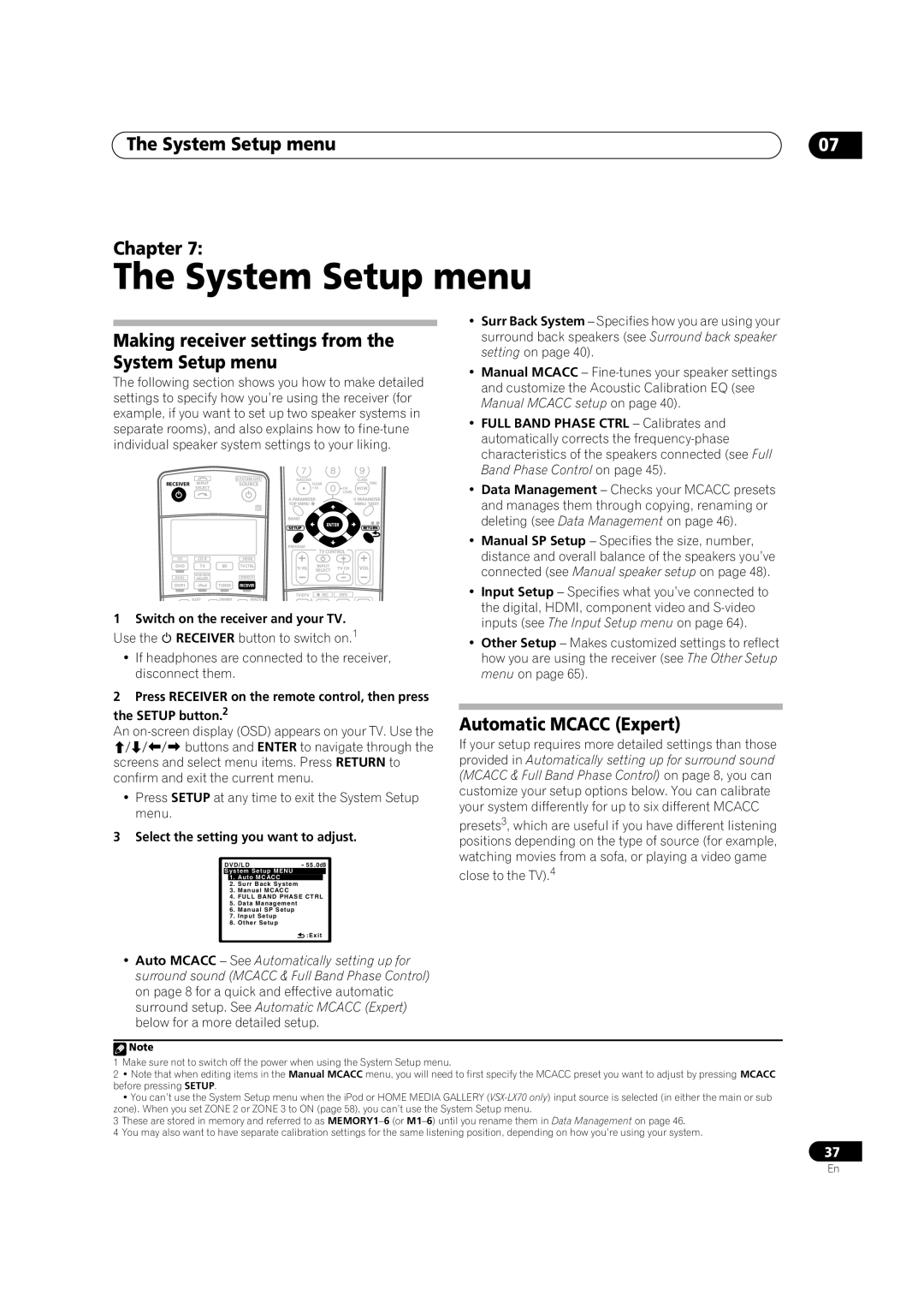 Pioneer VSX-LX70 manual System Setup menu Chapter, Making receiver settings from the System Setup menu 