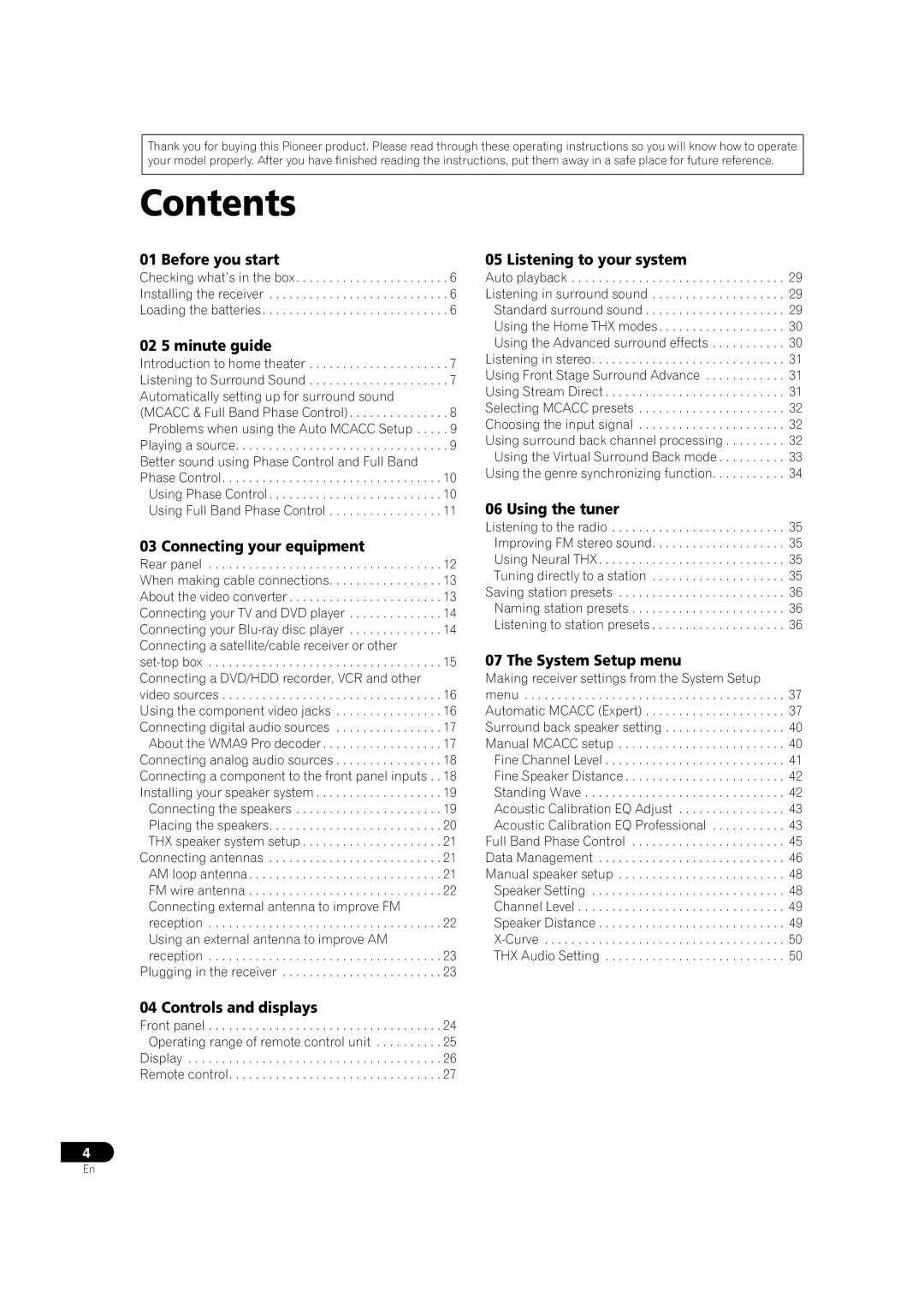 Pioneer VSX-LX70 manual Contents 