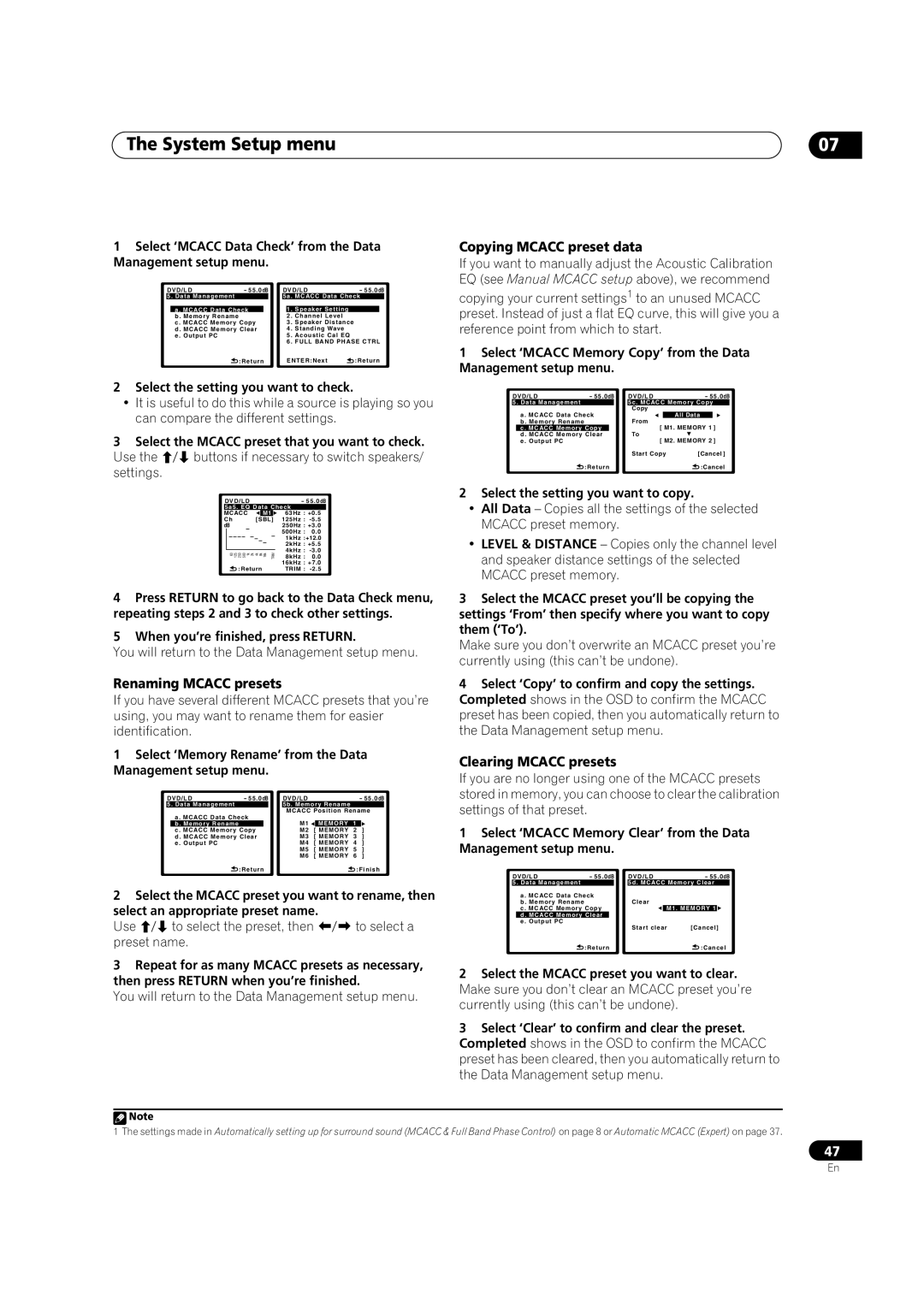 Pioneer VSX-LX70 manual Copying Mcacc preset data, Renaming Mcacc presets, Clearing Mcacc presets 