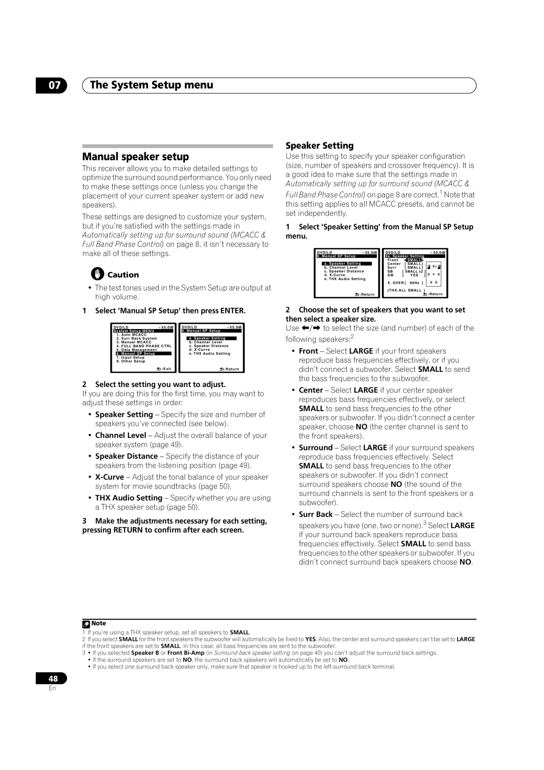 Pioneer VSX-LX70 manual System Setup menu Manual speaker setup, Speaker Setting, Select ‘Manual SP Setup’ then press Enter 