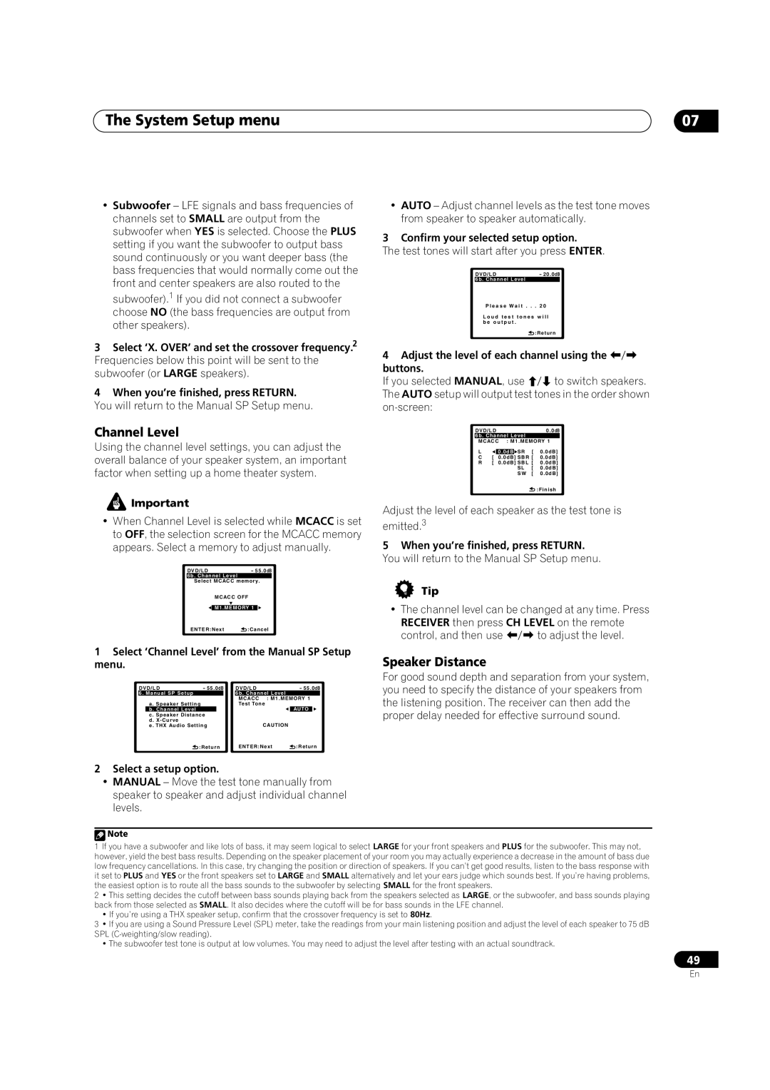 Pioneer VSX-LX70 manual Channel Level, Speaker Distance 