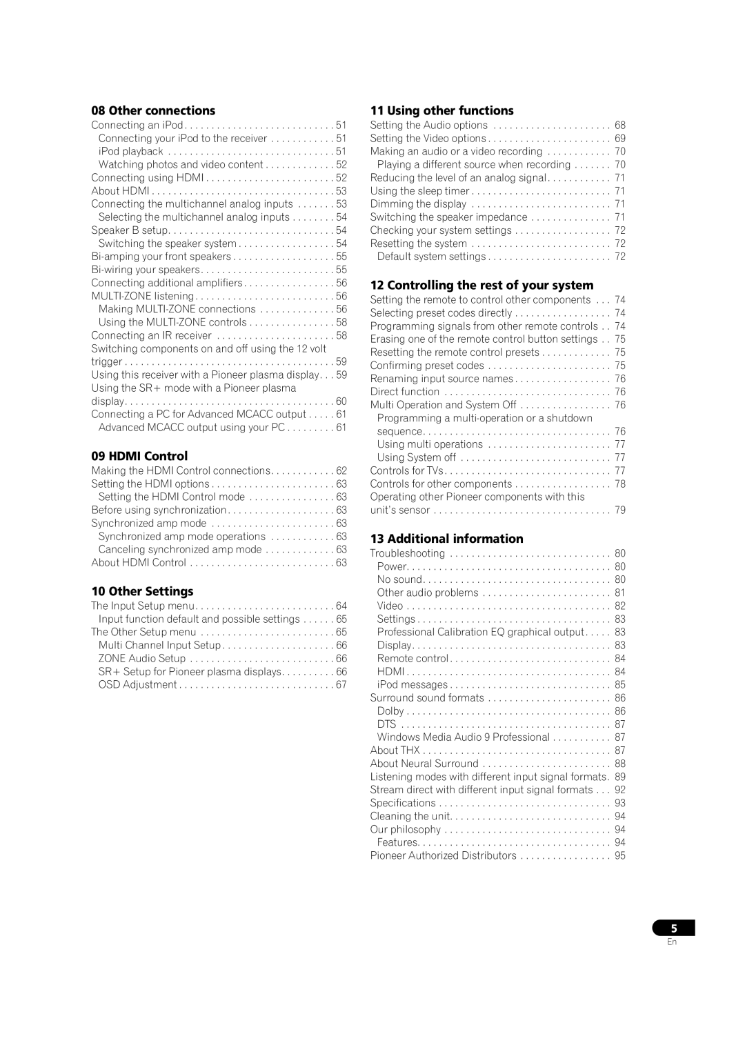 Pioneer VSX-LX70 manual Other connections, Hdmi Control, Other Settings, Using other functions, Additional information 