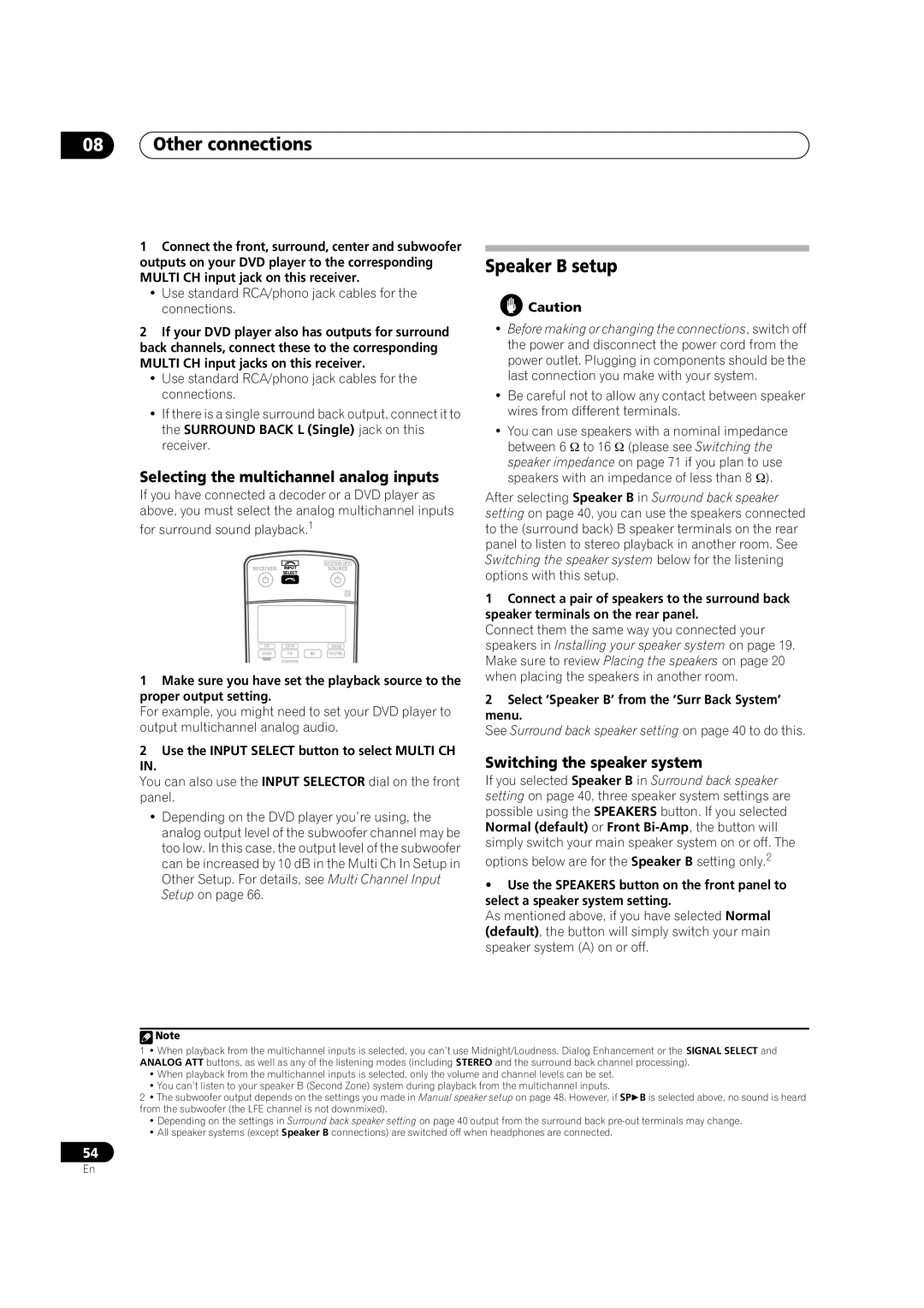 Pioneer VSX-LX70 manual Selecting the multichannel analog inputs, Switching the speaker system 