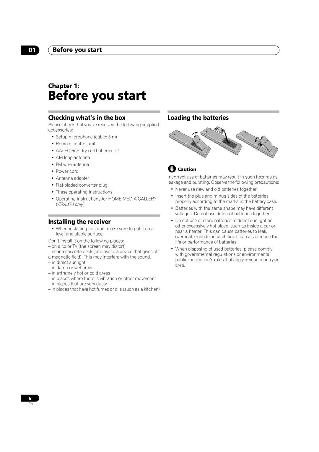 Pioneer VSX-LX70 Before you start Chapter, Checking what’s in the box, Installing the receiver, Loading the batteries 