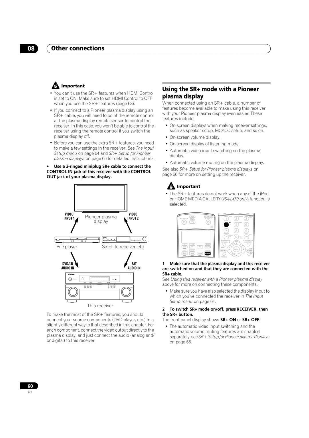 Pioneer VSX-LX70 manual Using the SR+ mode with a Pioneer plasma display, Display, Satellite receiver, etc 