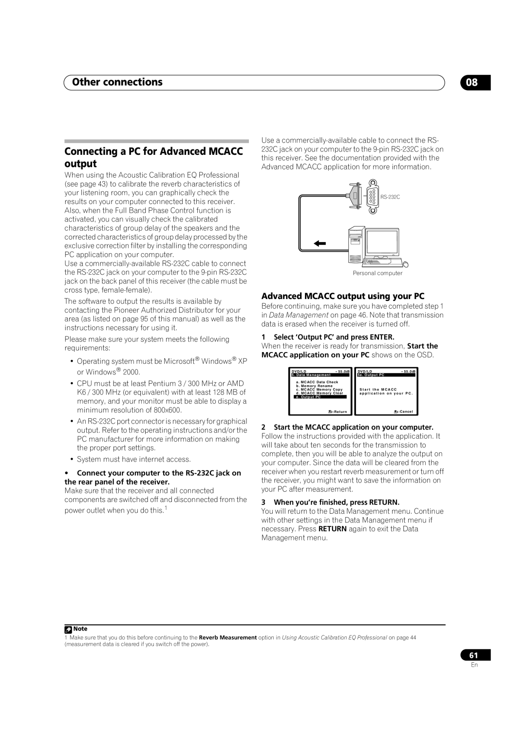 Pioneer VSX-LX70 manual Other connections Connecting a PC for Advanced Mcacc output, Advanced Mcacc output using your PC 