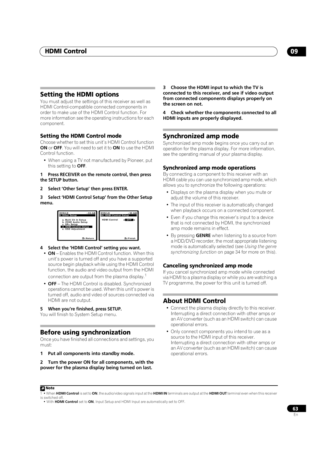 Pioneer VSX-LX70 manual Hdmi Control Setting the Hdmi options, Synchronized amp mode, About Hdmi Control 