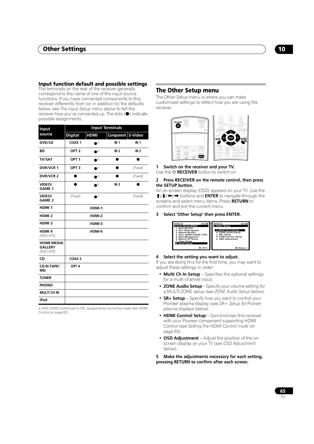 Pioneer VSX-LX70 manual Other Setup menu, Input Input Terminals Source Digital, Video 