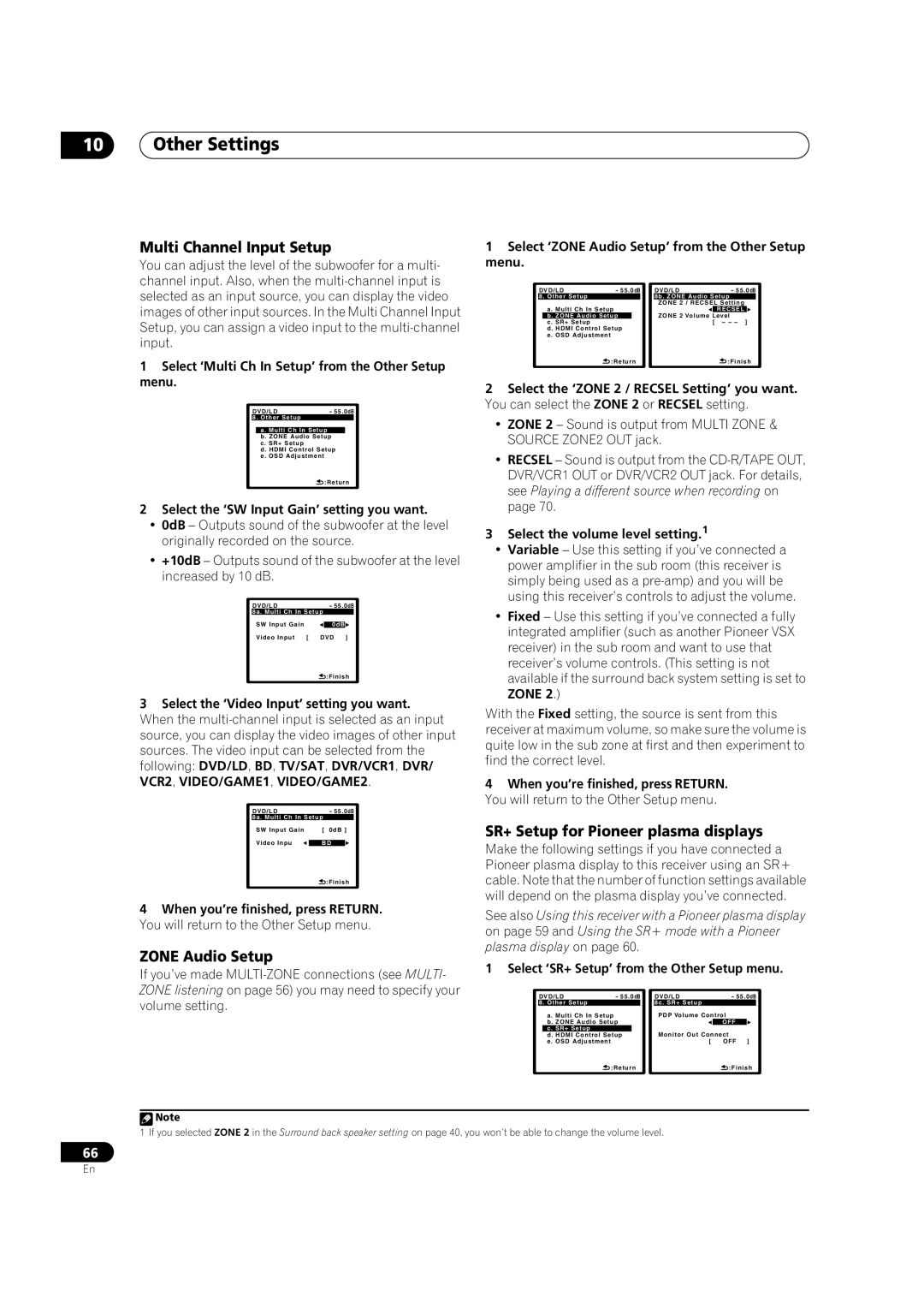 Pioneer VSX-LX70 manual Other Settings, Multi Channel Input Setup, Zone Audio Setup, SR+ Setup for Pioneer plasma displays 