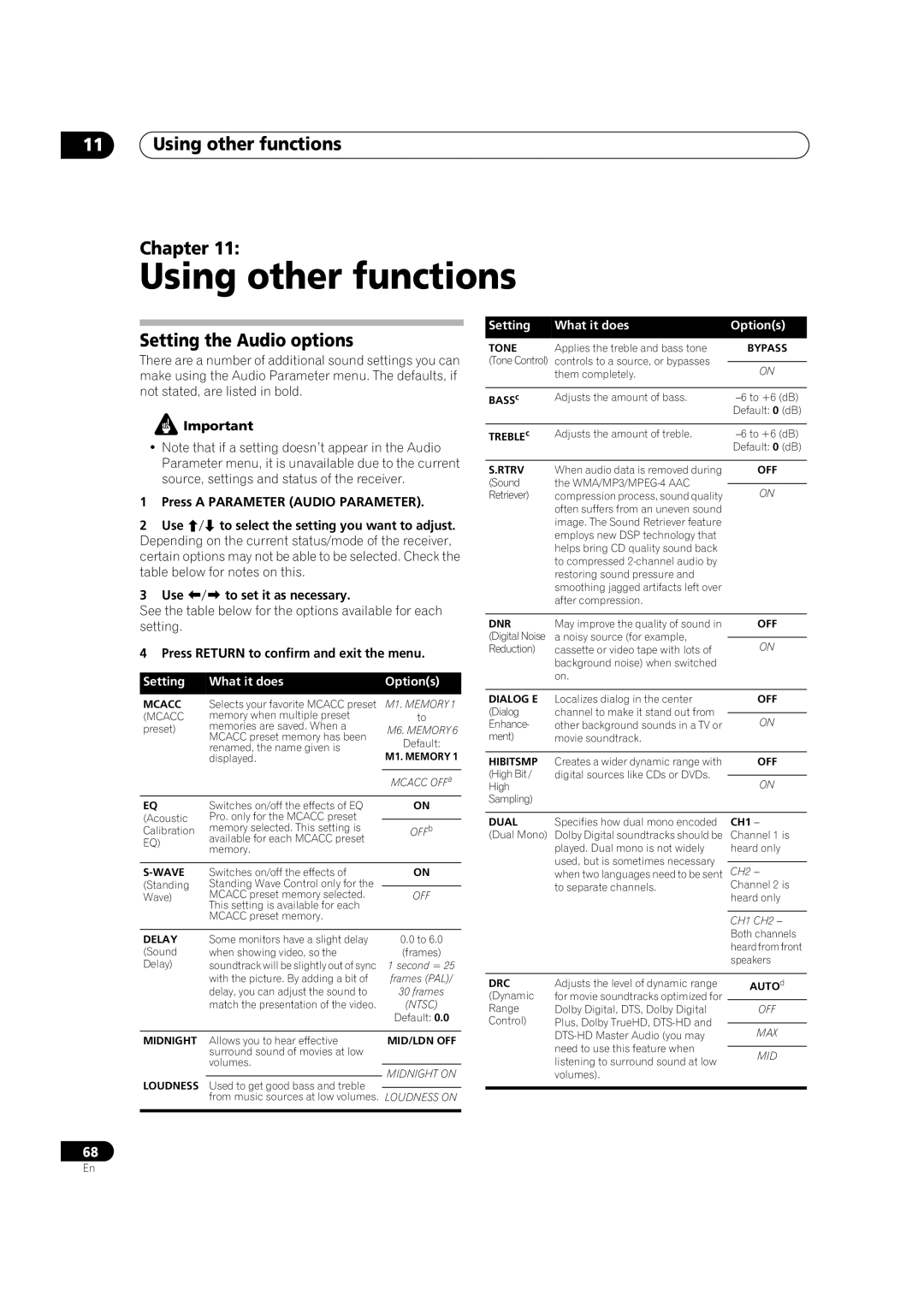 Pioneer VSX-LX70 manual Using other functions Chapter, Setting the Audio options, Setting What it does Options 