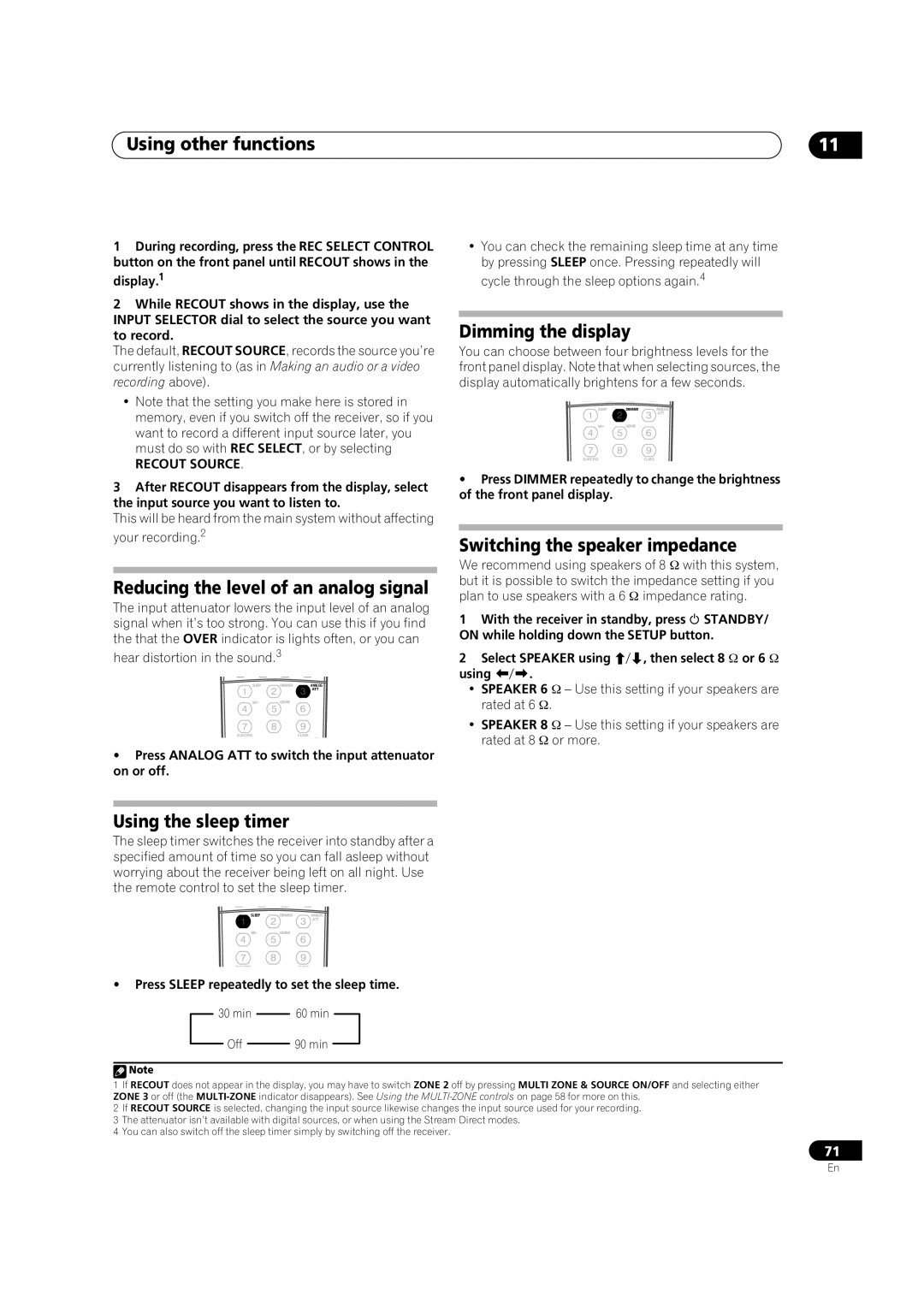 Pioneer VSX-LX70 manual Reducing the level of an analog signal, Dimming the display, Switching the speaker impedance 