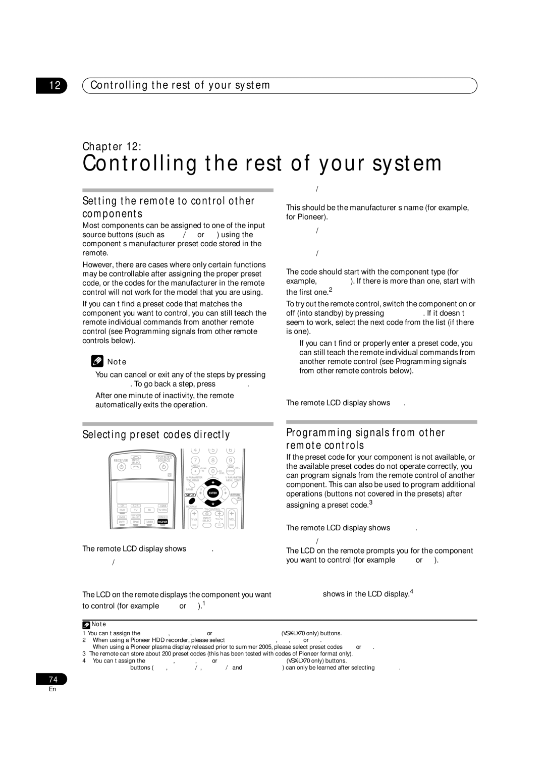 Pioneer VSX-LX70 manual Controlling the rest of your system Chapter, Setting the remote to control other components 