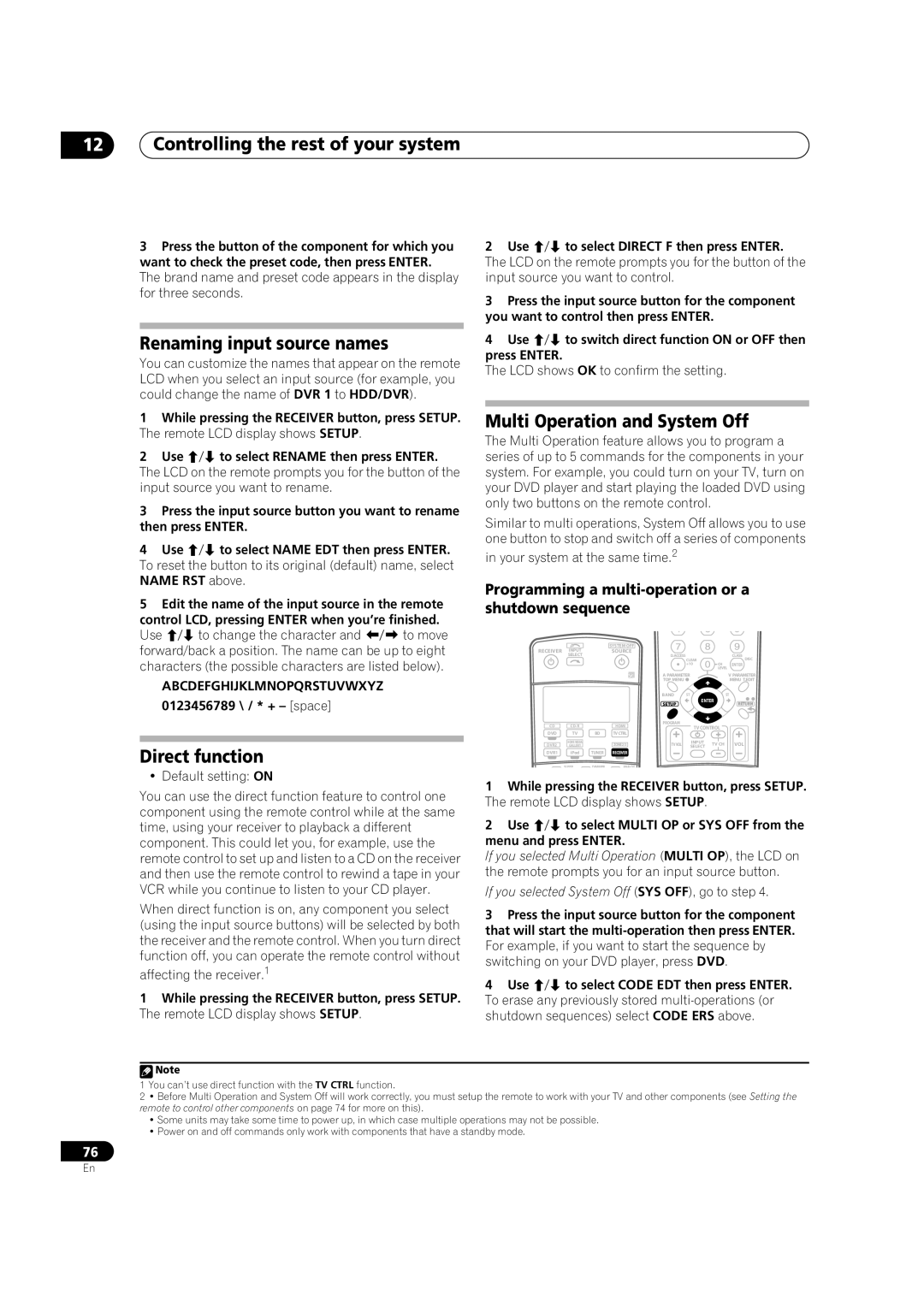 Pioneer VSX-LX70 manual Renaming input source names, Multi Operation and System Off, Direct function 