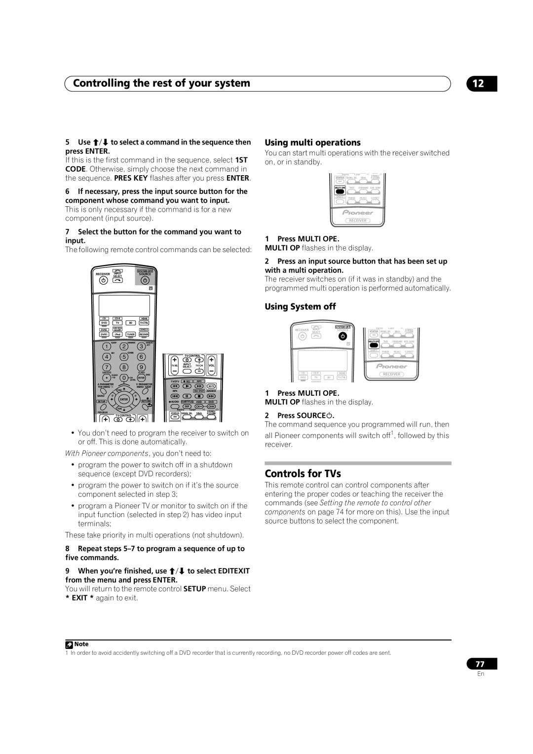 Pioneer VSX-LX70 manual Controls for TVs, Using multi operations, Using System off 