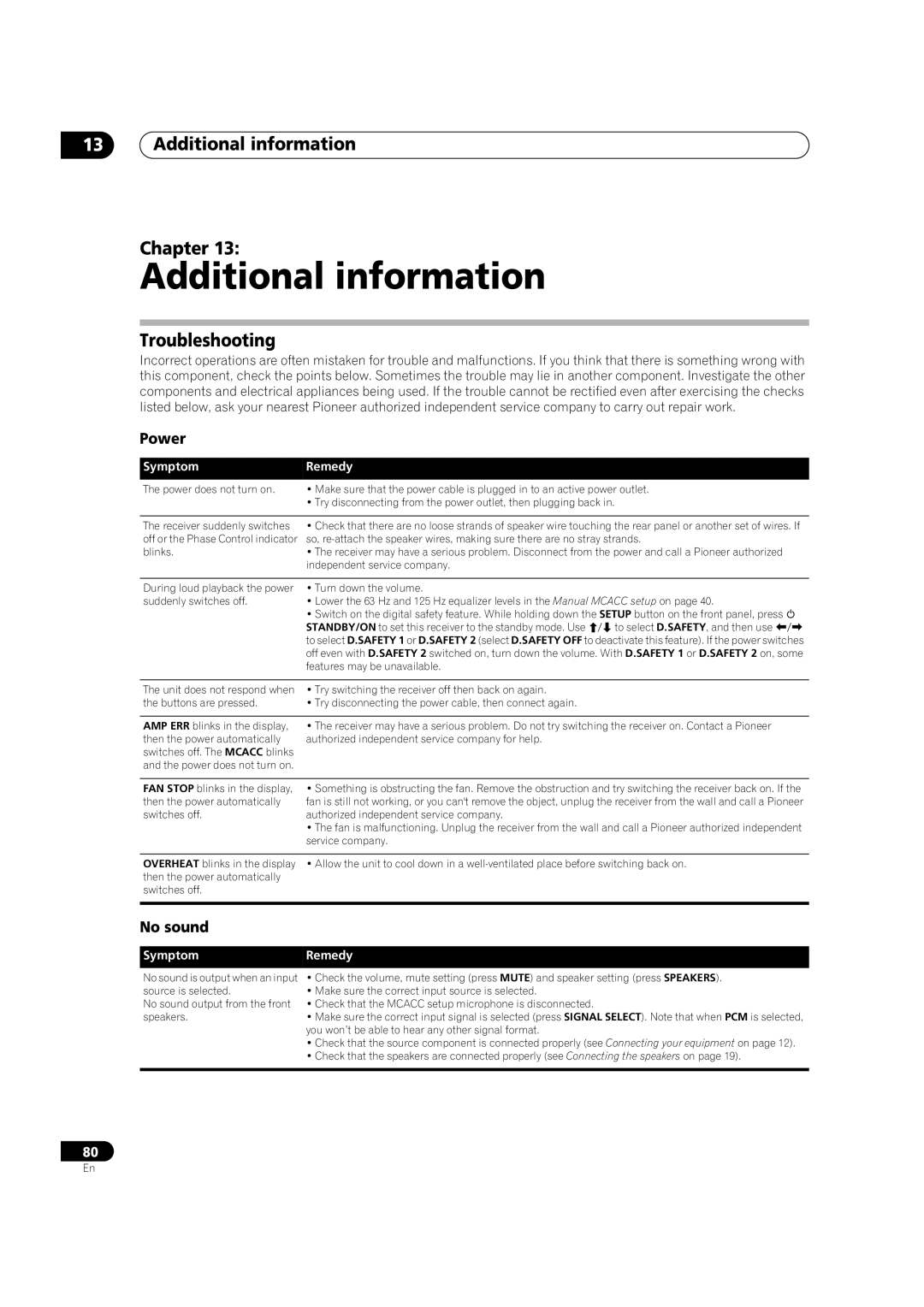 Pioneer VSX-LX70 manual Additional information Chapter, Troubleshooting, Power, No sound 