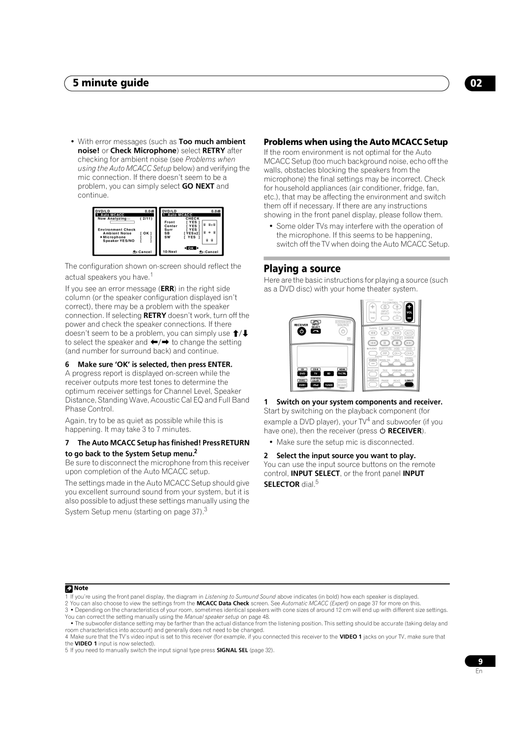 Pioneer VSX-LX70 manual Minute guide, Playing a source, Problems when using the Auto Mcacc Setup, Selector dial.5 