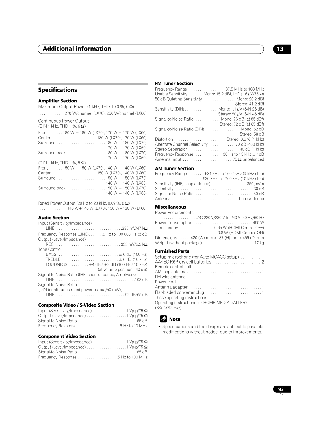 Pioneer VSX-LX70 manual Additional information Specifications 