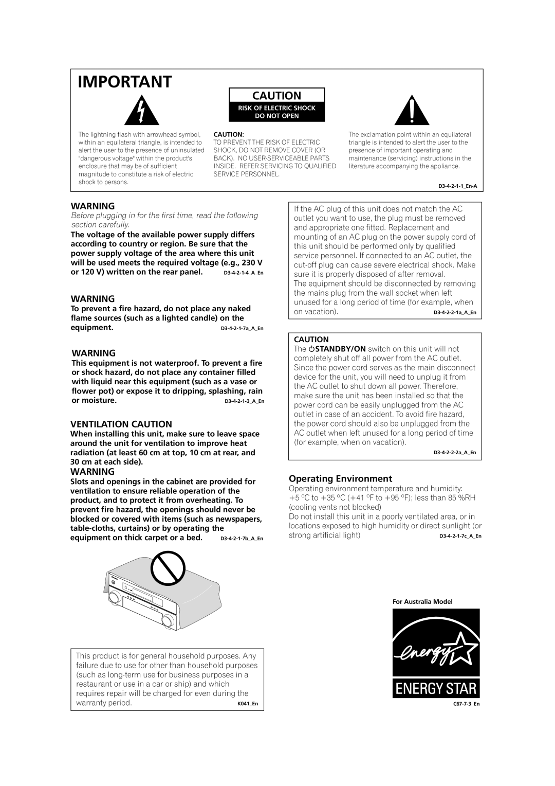 Pioneer VSX-LX70 manual Ventilation Caution, Operating Environment 