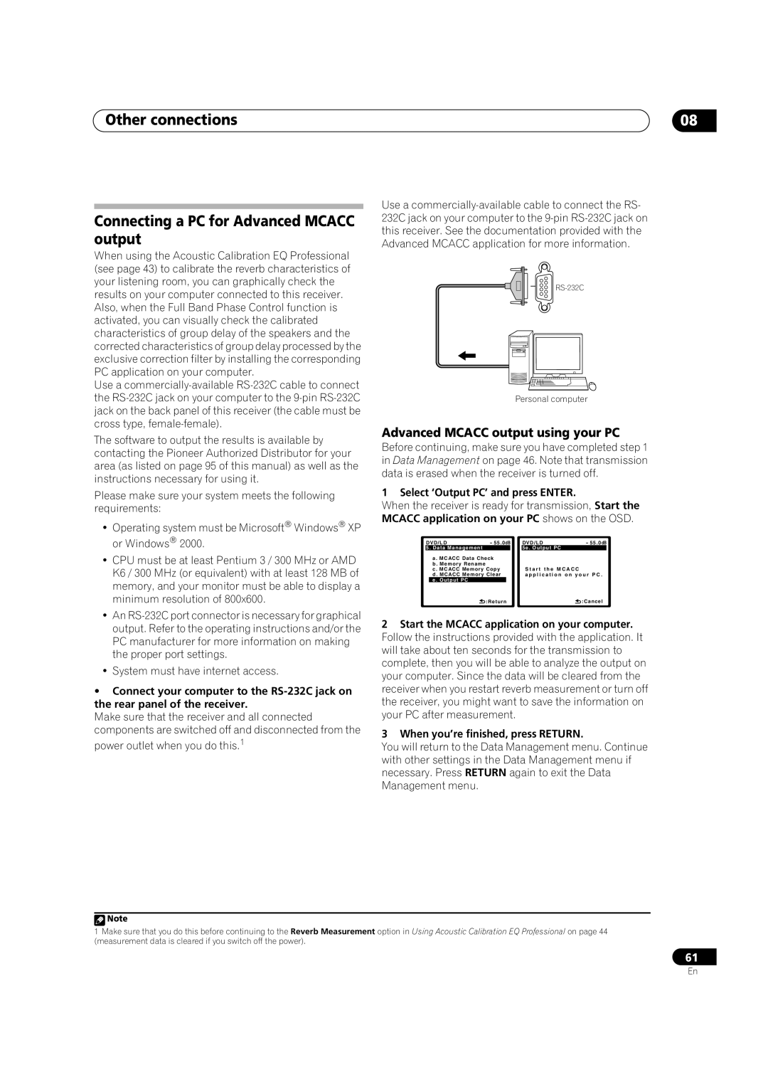 Pioneer VSX-LX70 manual Connecting a PC for Advanced MCACC output, Advanced MCACC output using your PC, Other connections 
