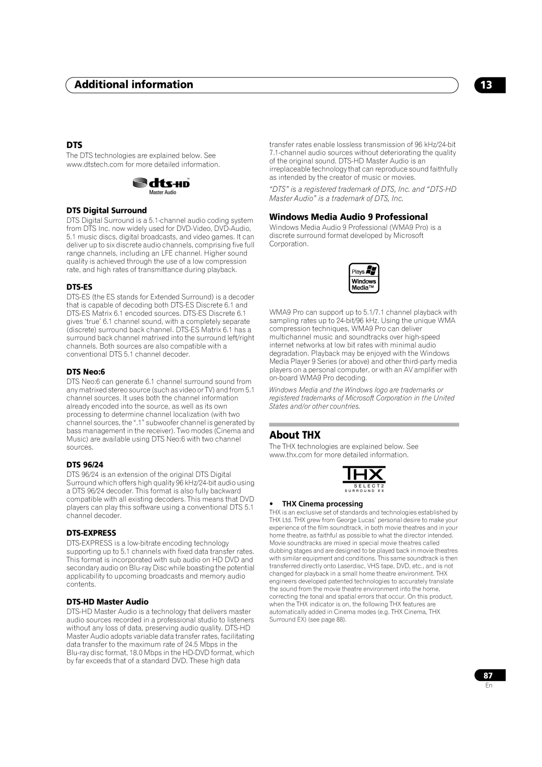 Pioneer VSX-LX70 manual About THX, Windows Media Audio 9 Professional, DTS Digital Surround, Dts-Es, DTS Neo:6, DTS 96/24 