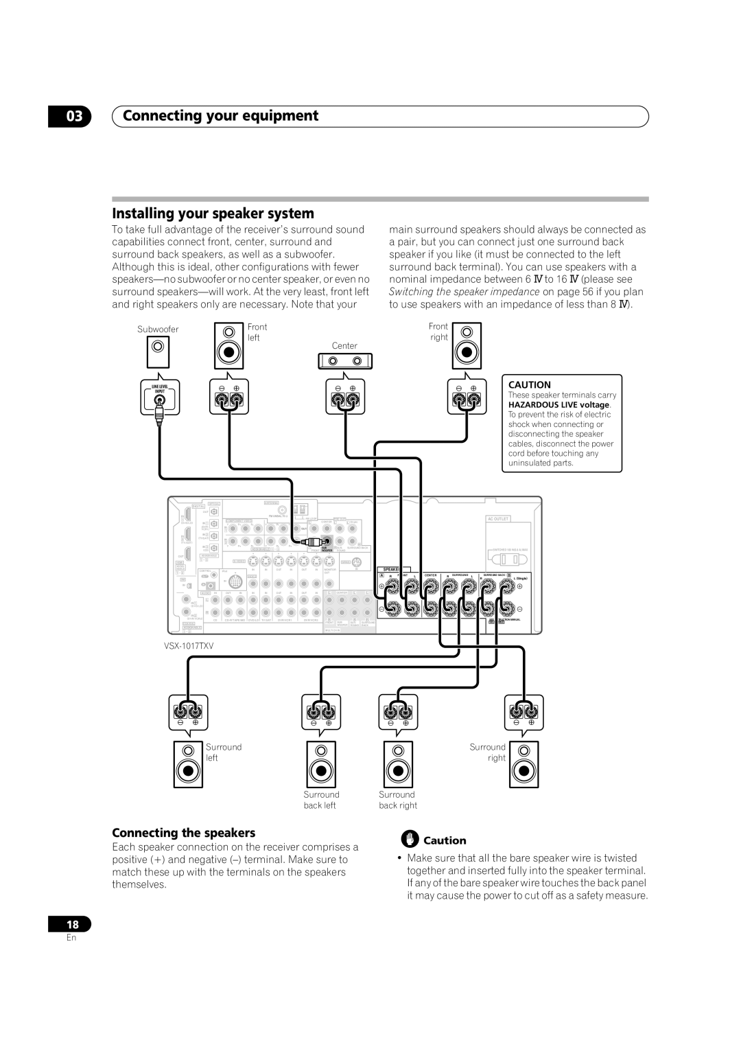 Pioneer VSX1017TXV manual Connecting your equipment Installing your speaker system, Connecting the speakers 