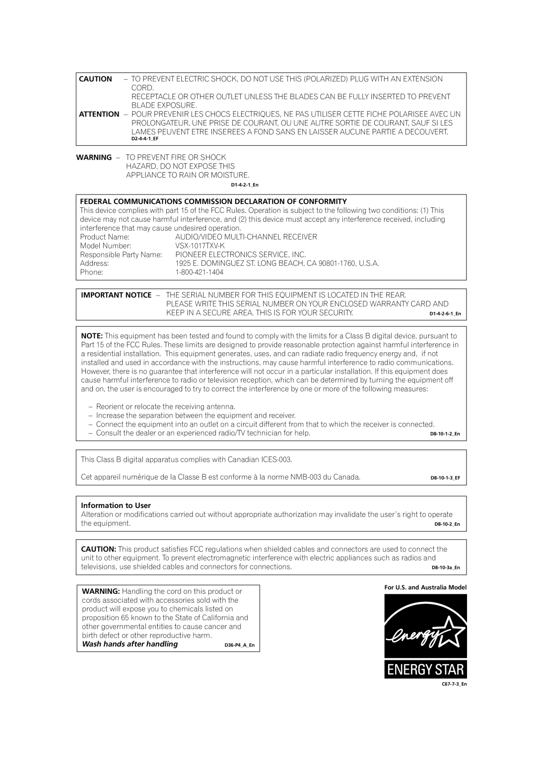 Pioneer VSX1017TXV manual Federal Communications Commission Declaration of Conformity, Information to User 