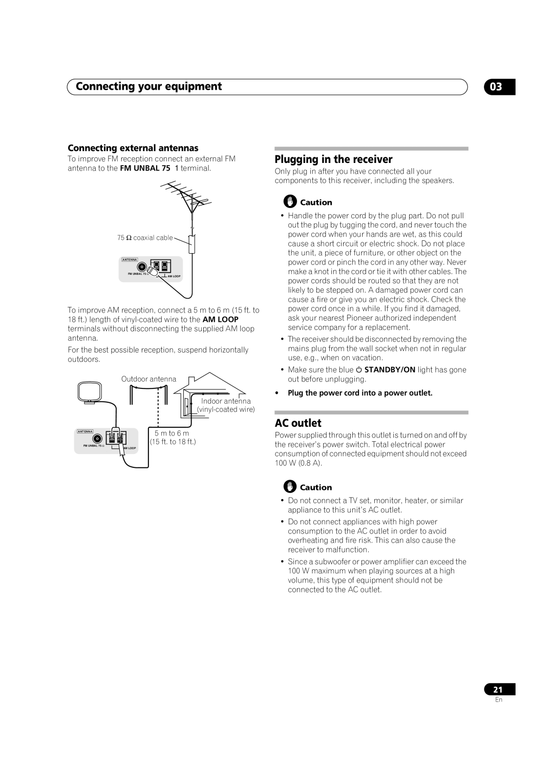 Pioneer VSX1017TXV manual Plugging in the receiver, AC outlet, Connecting external antennas, Out before unplugging 