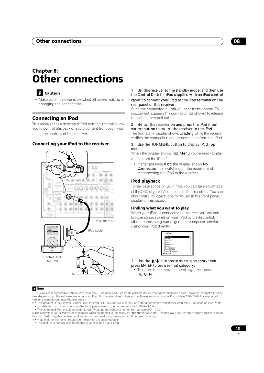 Pioneer VSX1017TXV Other connections Chapter, Connecting an iPod, Connecting your iPod to the receiver, IPod playback 