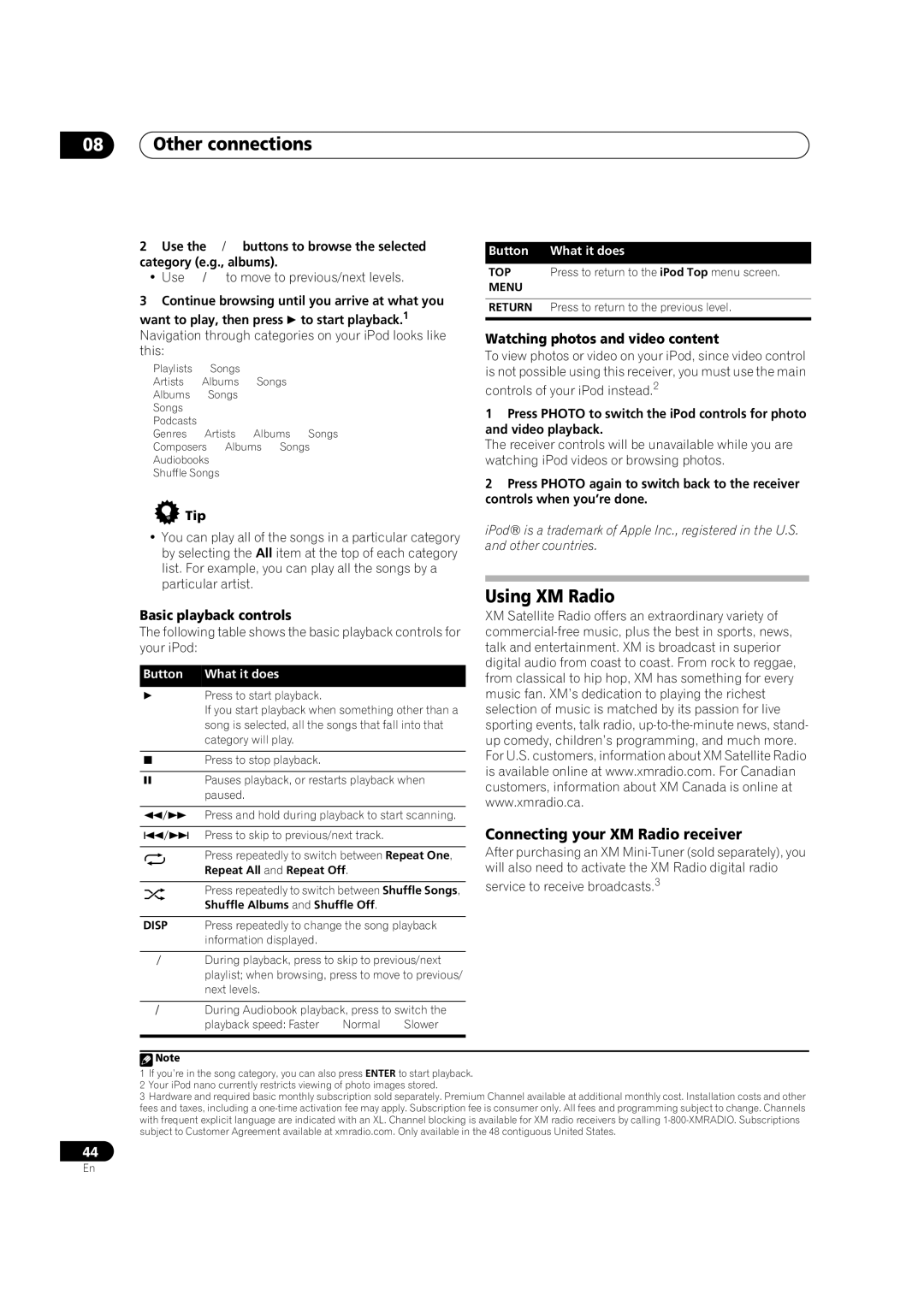 Pioneer VSX1017TXV manual Other connections, Using XM Radio, Connecting your XM Radio receiver, Basic playback controls 