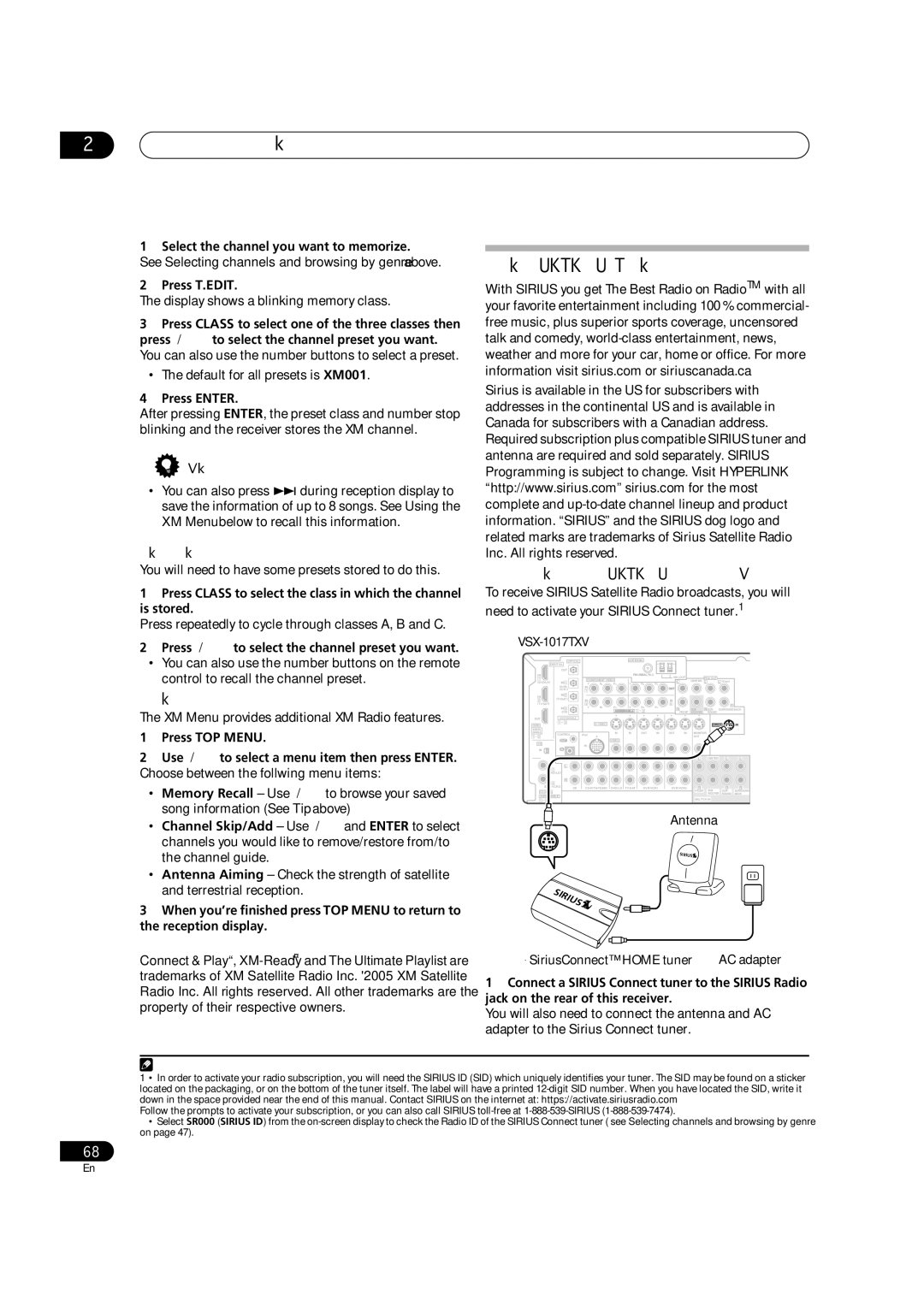 Pioneer VSX1017TXV manual Using Sirius Radio, Connecting your Sirius Connect Tuner, Using the XM Menu 