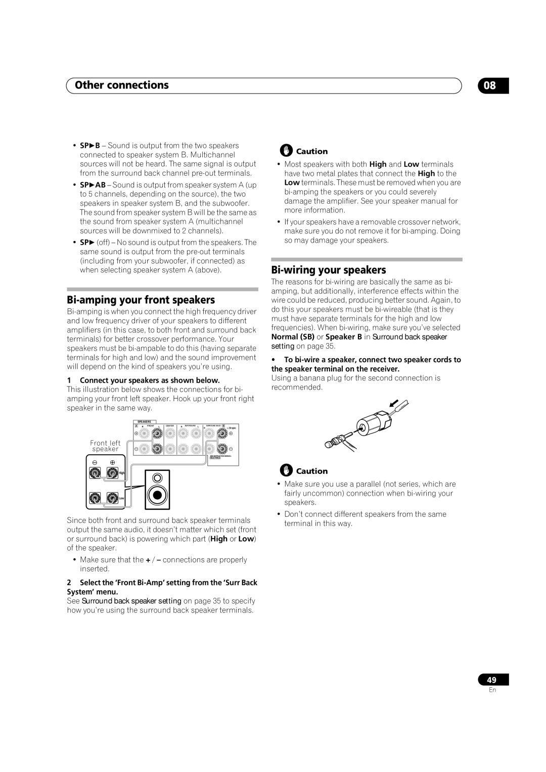 Pioneer VSX1017TXV manual Bi-amping your front speakers, Bi-wiring your speakers, Connect your speakers as shown below 