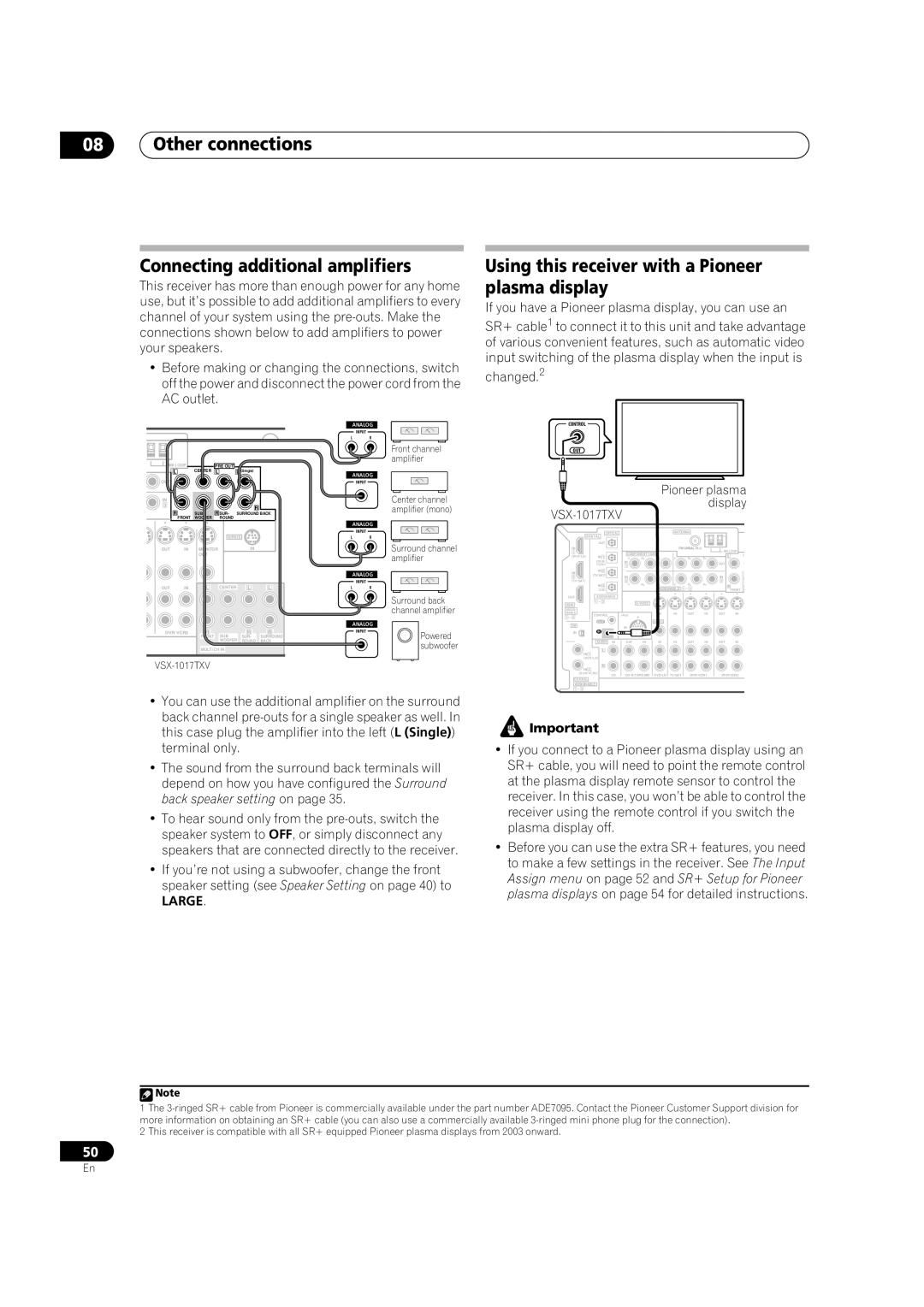 Pioneer VSX1017TXV Other connections Connecting additional amplifiers, Using this receiver with a Pioneer plasma display 