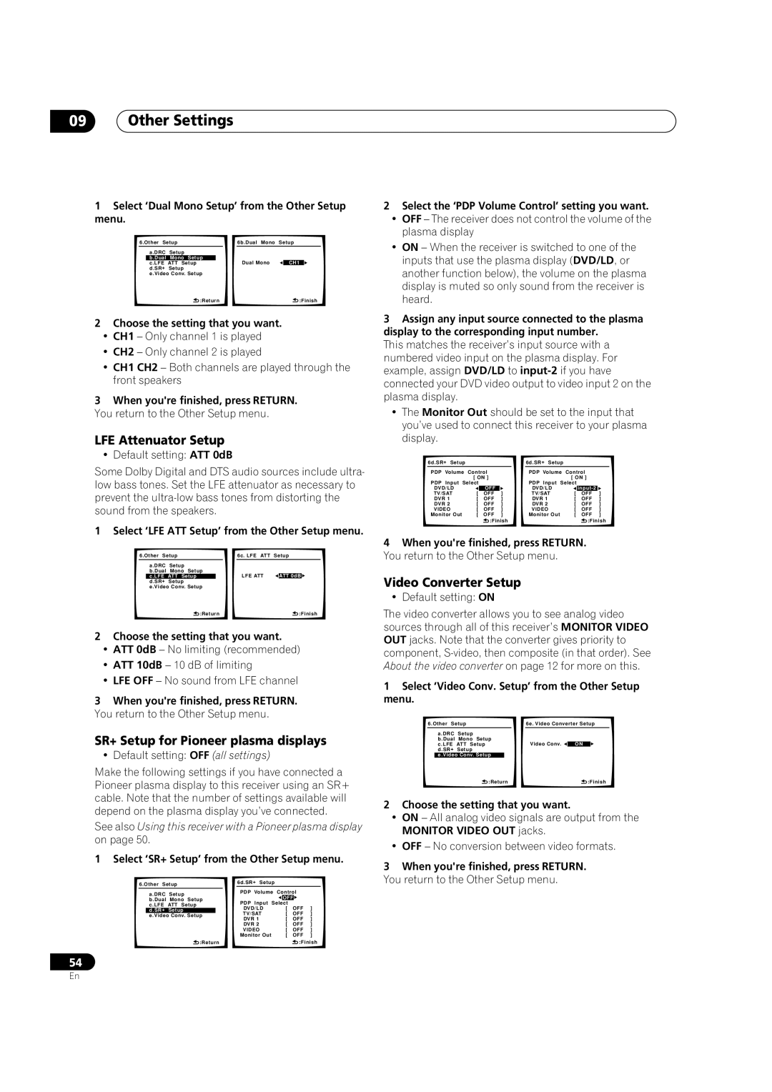 Pioneer VSX1017TXV manual LFE Attenuator Setup, SR+ Setup for Pioneer plasma displays, Video Converter Setup 