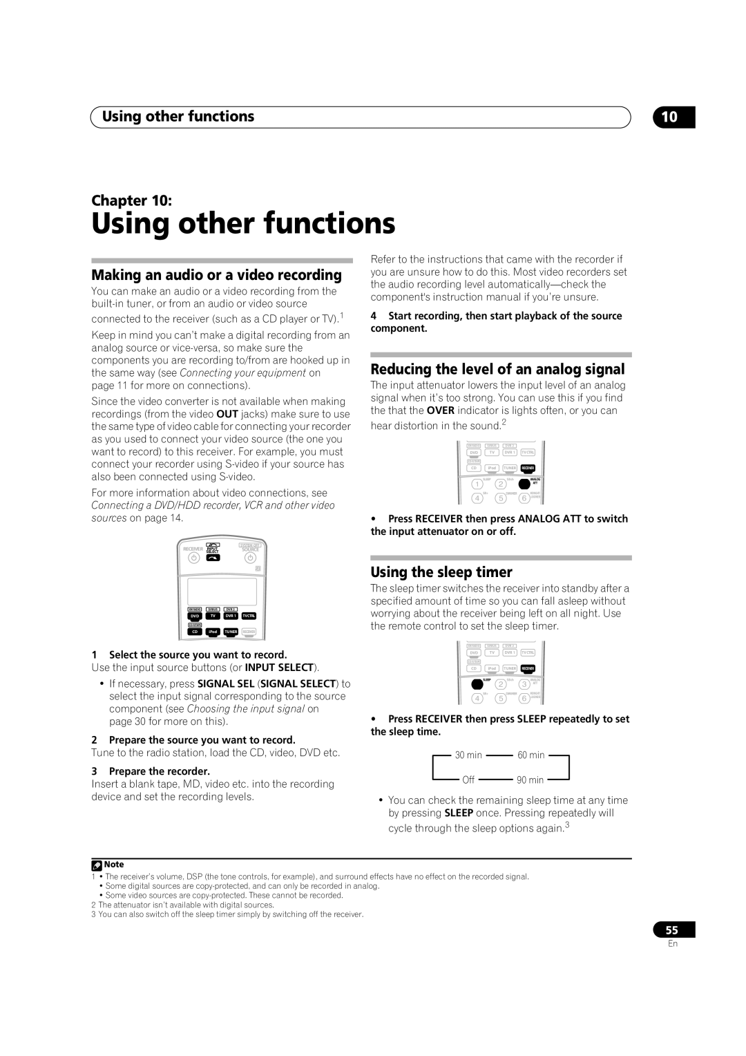 Pioneer VSX1017TXV manual Using other functions Chapter, Making an audio or a video recording, Using the sleep timer 