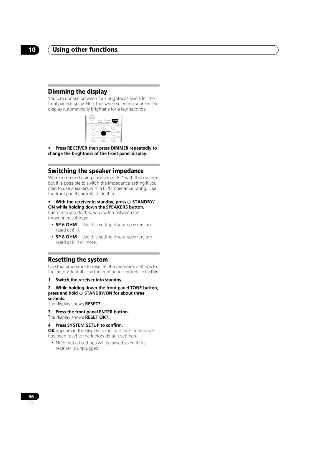 Pioneer VSX1017TXV manual Using other functions Dimming the display, Switching the speaker impedance, Resetting the system 