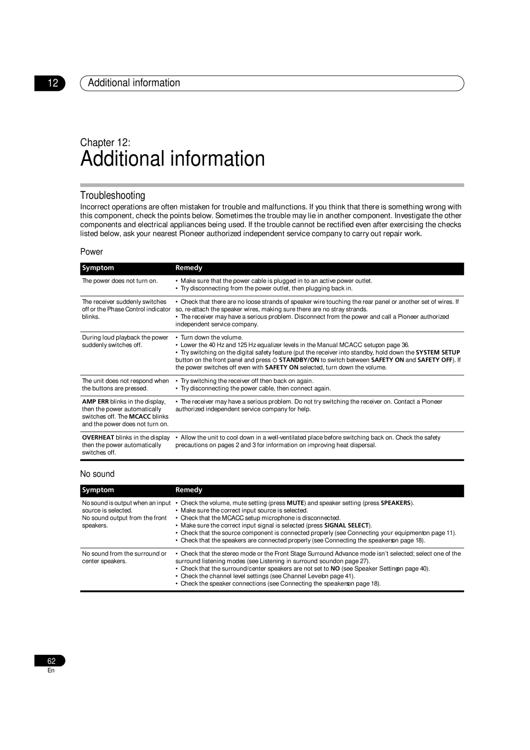 Pioneer VSX1017TXV manual Additional information Chapter, Troubleshooting, Power, No sound 