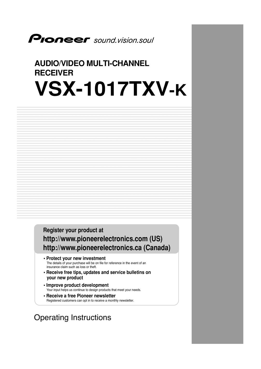 Pioneer VSX1017TXV manual VSX-1017TXV-K, Audio/Video Multi-Channelreceiver, Operating Instructions 