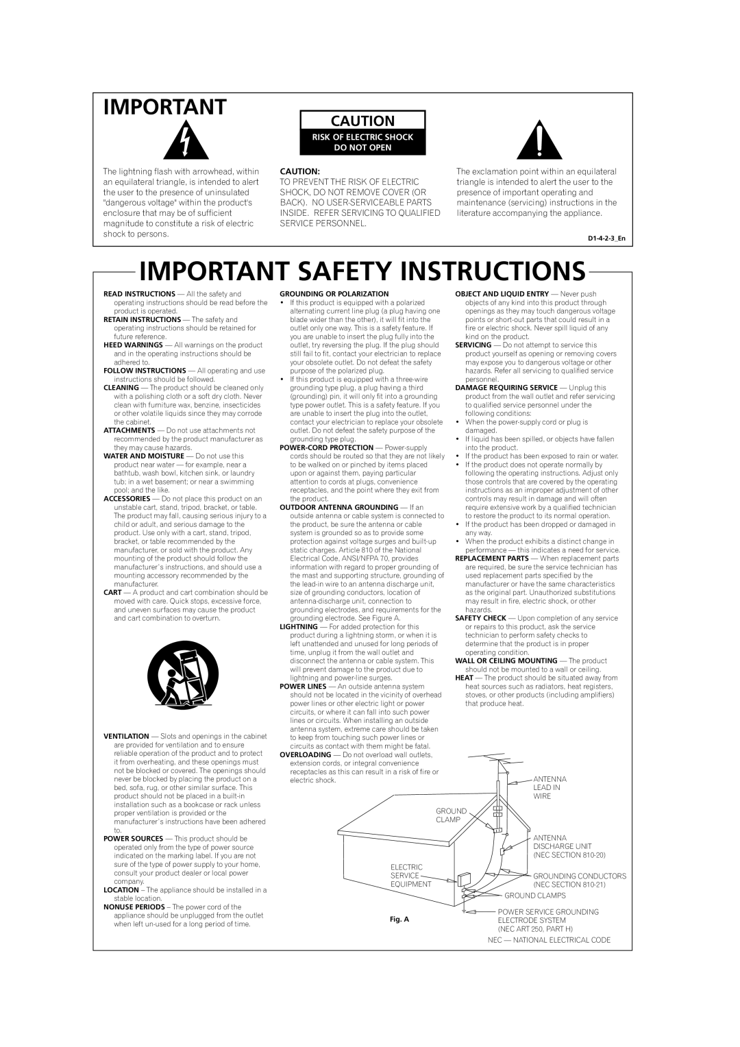 Pioneer VSX1017TXV manual Important Safety Instructions, Risk Of Electric Shock Do Not Open 