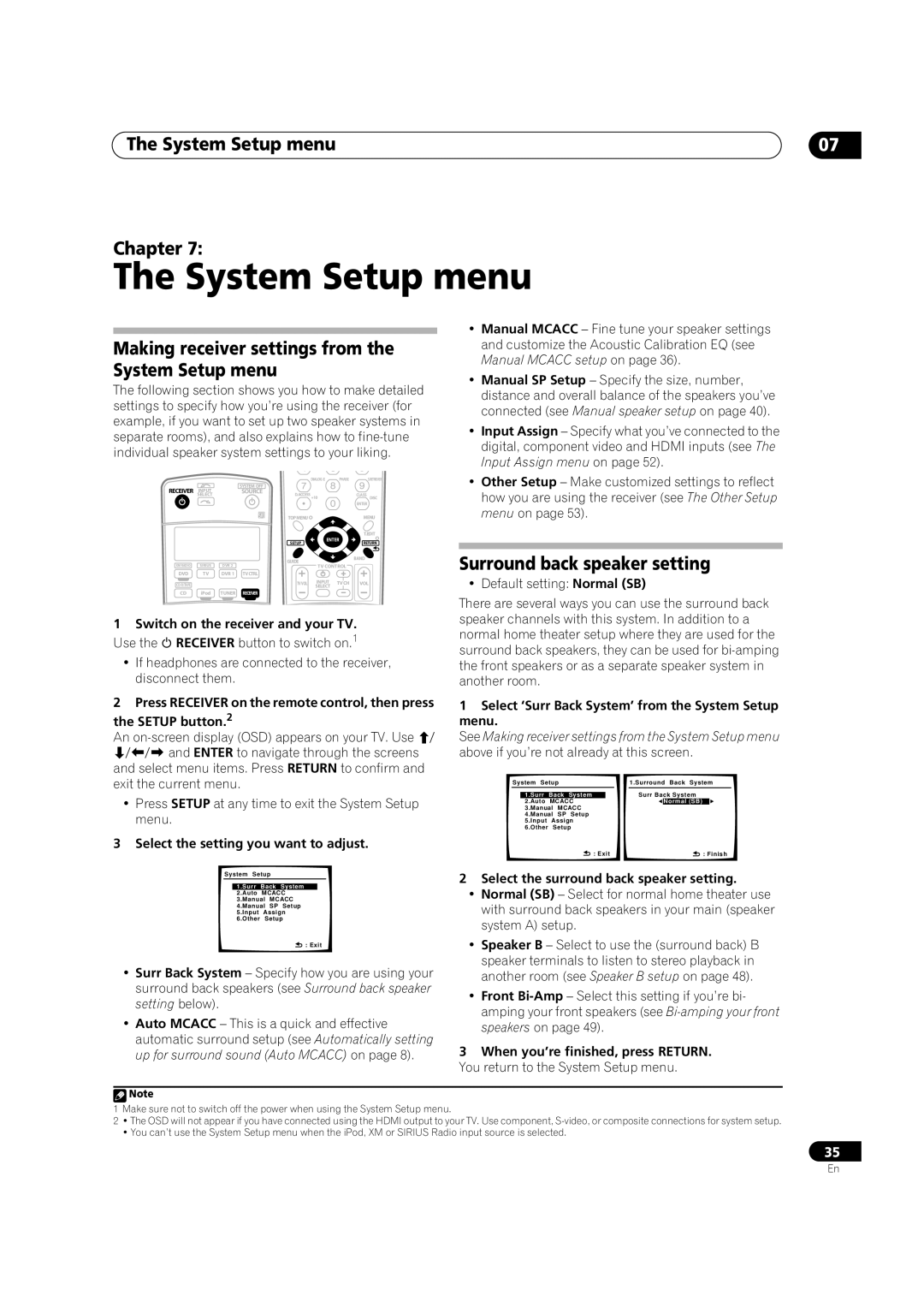 Pioneer VSX1017TXV manual The System Setup menu, Surround back speaker setting, Chapter 