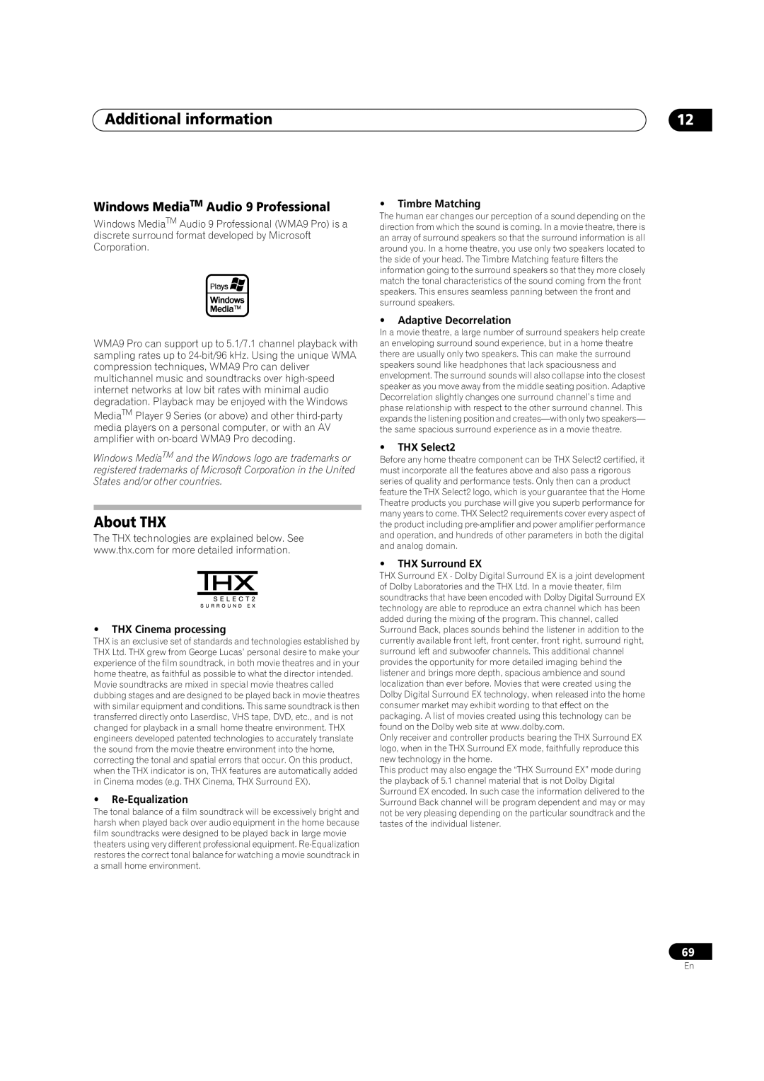 Pioneer VSX1017TXV manual About THX, Windows MediaTM Audio 9 Professional, Additional information 