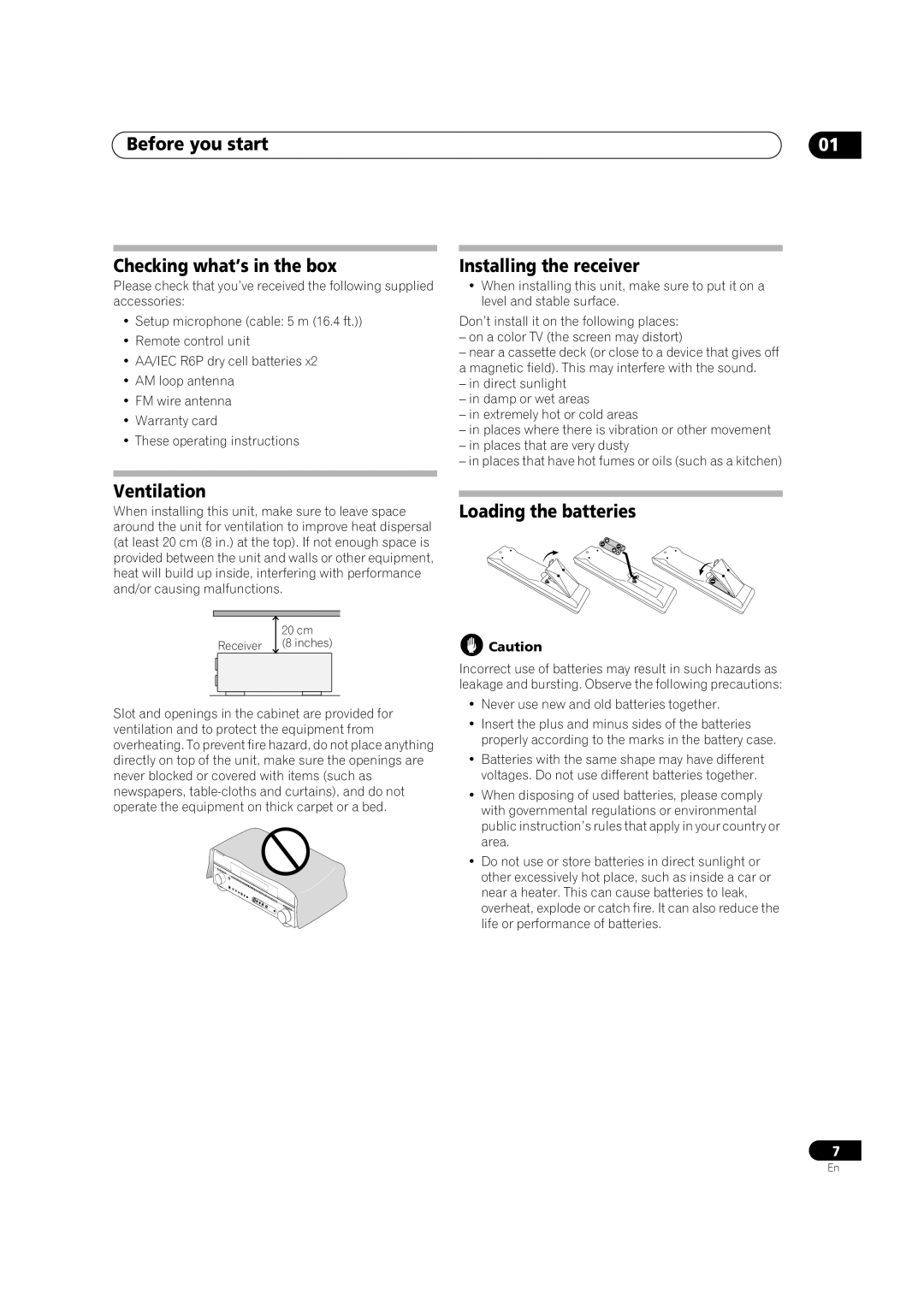 Pioneer VSX1017TXV manual Before you start Checking what’s in the box, Installing the receiver, Ventilation 