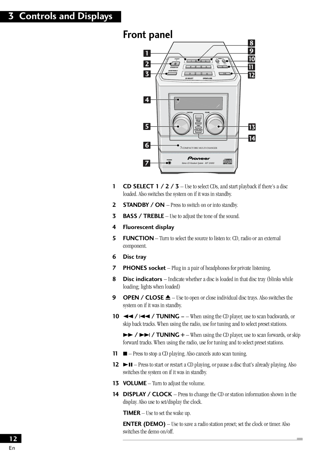 Pioneer X-MT2000 manual Front panel, Fluorescent display, Disc tray 