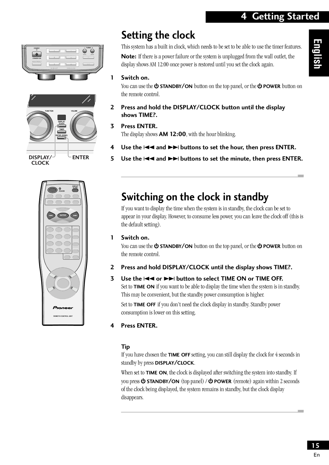 Pioneer X-MT2000 manual Setting the clock, Switching on the clock in standby, Switch on, Press Enter Tip 