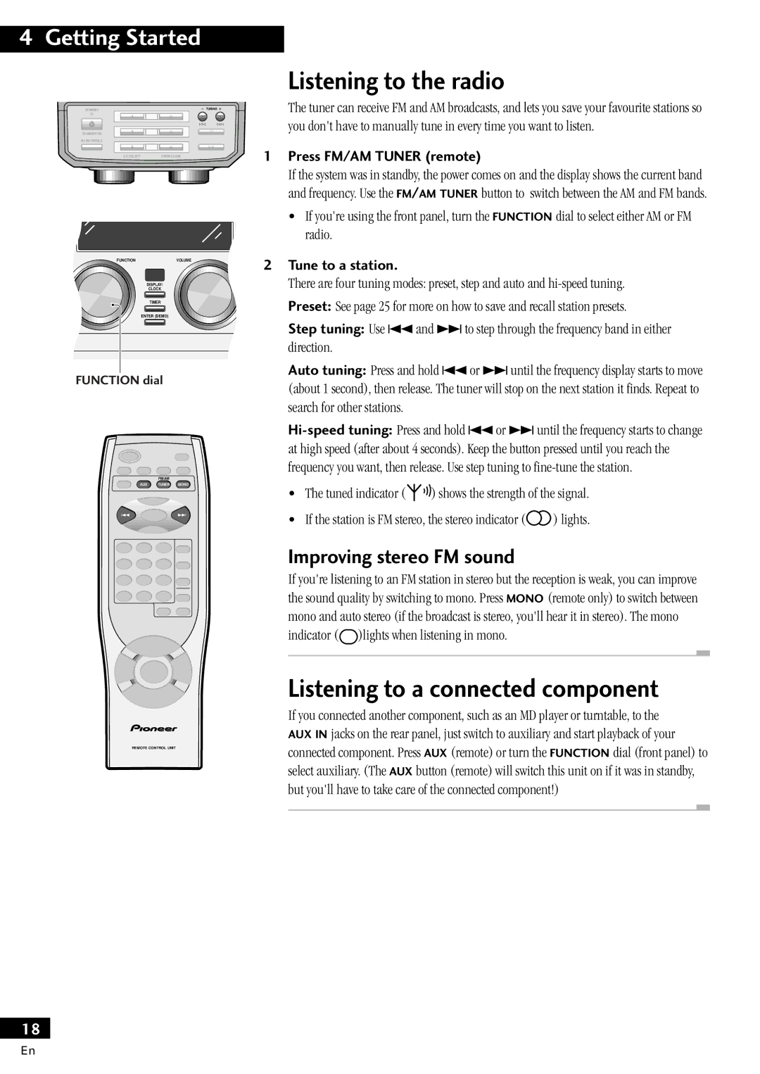 Pioneer X-MT2000 Listening to the radio, Listening to a connected component, Improving stereo FM sound, Tune to a station 