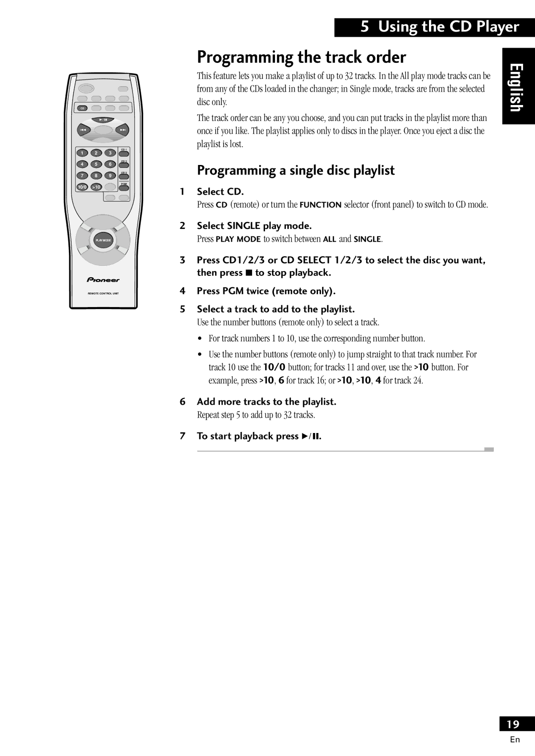 Pioneer X-MT2000 manual Programming the track order, Programming a single disc playlist 