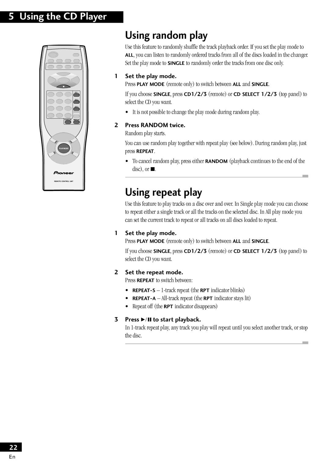 Pioneer X-MT2000 manual Using random play, Using repeat play 